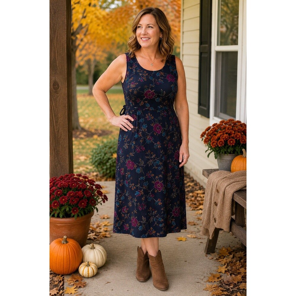 Vintage R&K Originals Size 14 Navy Floral Rayon Sleeveless Midi Dress w Tie Back